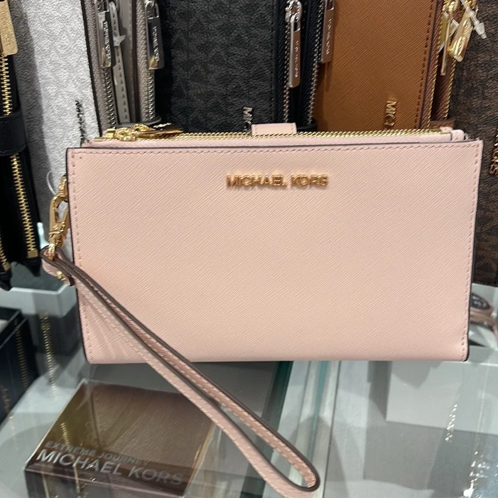 MICHAEL KORS LARGE DOUBLE ZIP WRISTLET WALLET PHONE CASE CLUTCH Powder Blush